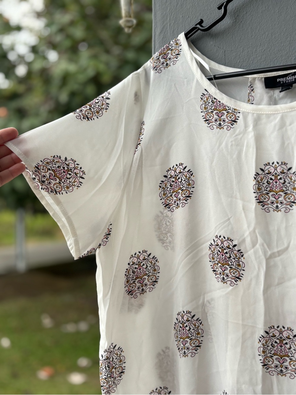 White Short Sleeve Top with Multicolor Medallion Print - Picture 2 of 6